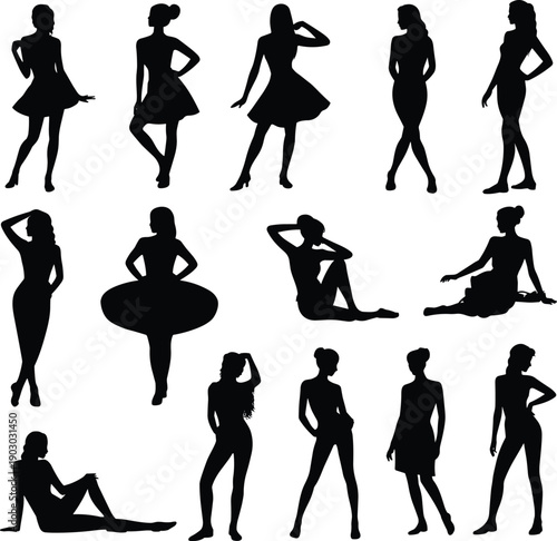 Woman silhouette set, fashion female poses collection isolated, elegant standing sitting and modeling women figures, stylish model silhouettes for design illustration use