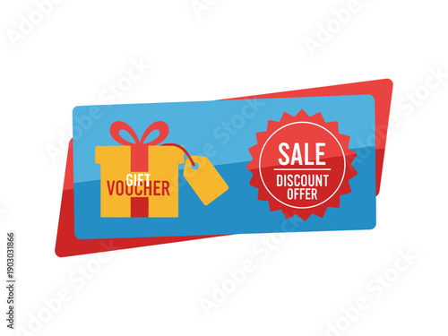 A gift voucher and sale discount offer badge illustration on a clean background from a straightforward viewpoint