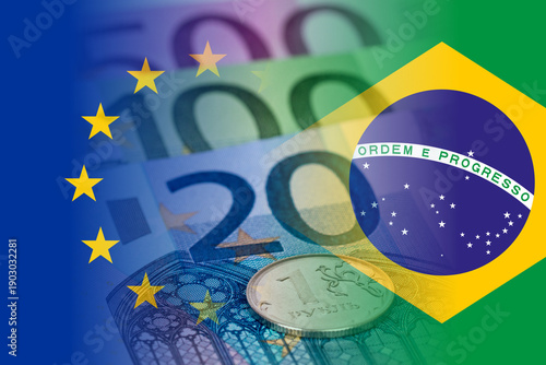 european union and brazilian flag with euro banknotes, europe and brazil trade partnership, trade war tariffs or sanctions concept