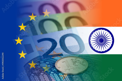 european union and indian flag with euro banknotes, europe and india trade partnership, trade war tariffs or sanctions concept