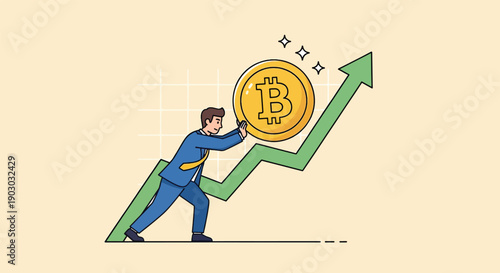 Businessman pushing bitcoin up a rising green arrow symbolizing cryptocurrency growth and investment success.