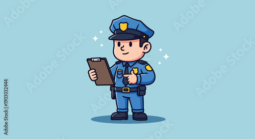 Cartoon Police Officer Holding Clipboard and Writing Notes.