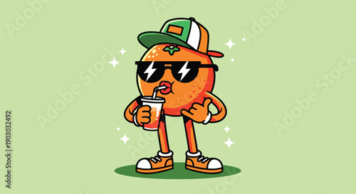 Cool Orange Character Drinking Juice with Sunglasses and Cap.