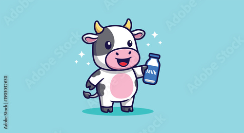 Cute Cartoon Cow Holding Milk Bottle vector illustration.