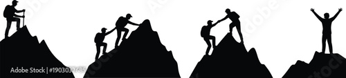Silhouette set of hikers climbing mountains and helping each other reach summit, teamwork and success concept for adventure travel, leadership and achievement.