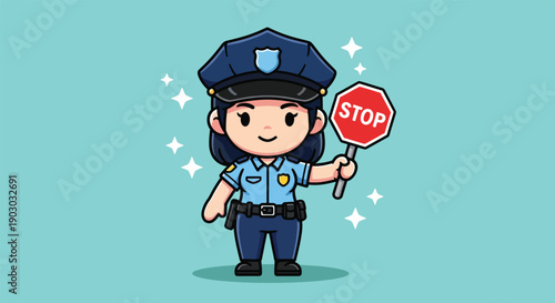 Cute Cartoon Police Officer Holding Stop Sign vector illustration.