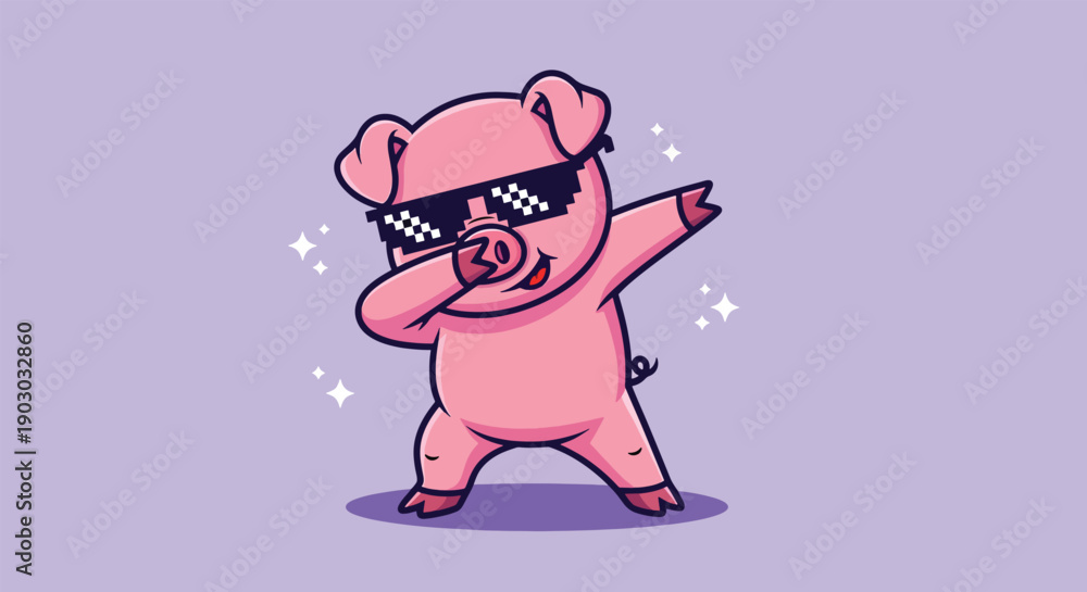 Obraz premium Cute Pig Doing Dab Dance Pose Wearing Sunglasses Vector Illustration.