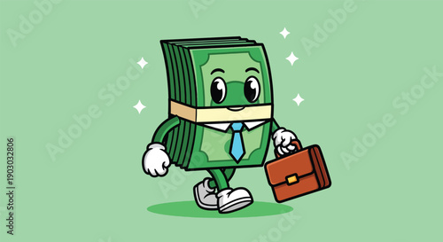 Cute Money Character Walking with Briefcase.