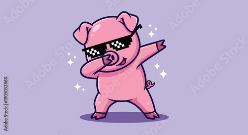Cute Pig Doing Dab Dance Pose Wearing Sunglasses.