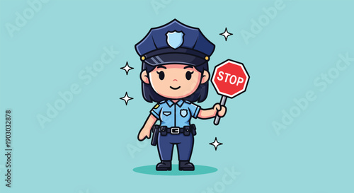 Cute police officer holding a stop sign illustration.