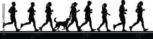 Silhouettes of men and women running together with a dog on a leash, marathon runners, jogging group, cardio training, outdoor fitness activity,