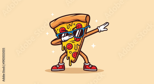 Funny Pizza Slice Character Dabbing with Sunglasses.
