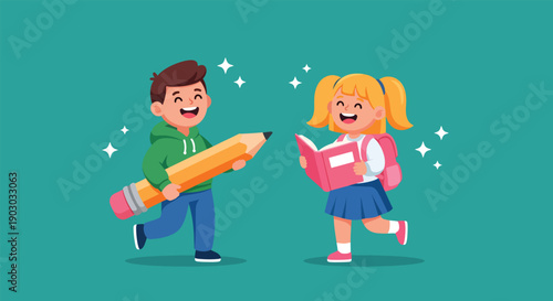Happy children learning and playing with a giant pencil and book.