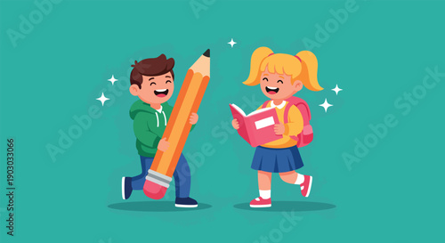 Happy Children Learning and Studying Together.