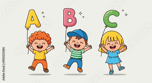Happy Diverse Kids Holding Alphabet Balloons A B C Vector Illustration.