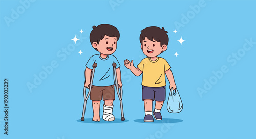 Two young boys one with a cast and crutches the other carrying a bag standing together.