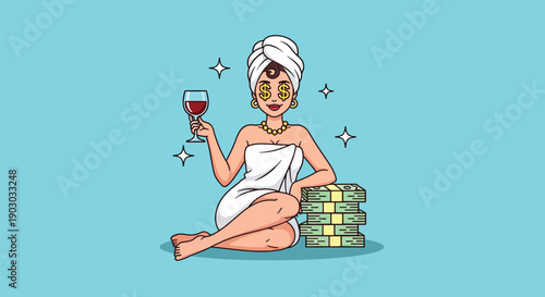 Woman enjoying spa day with wine and money.