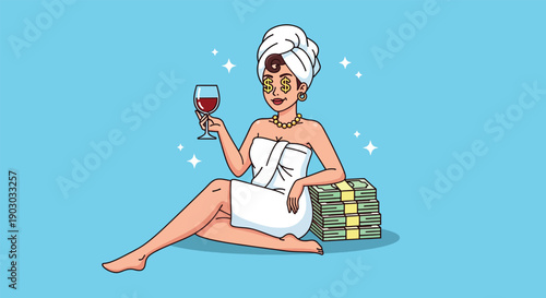 Woman in towel with wine and money.