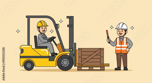 Workers operating forklift with wooden crate.