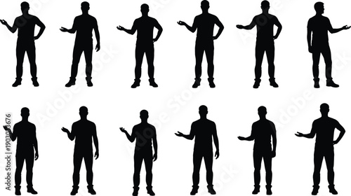 Silhouettes of men standing and gesturing with open hands, male figures presenting products, advertising poses, casual people collection, person showing something, vector,