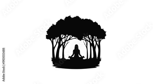 Serene silhouette of a person meditating peacefully beneath a canopy of trees