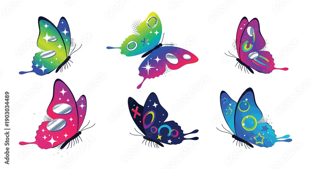 Obraz premium A collection of vibrantly colored stylized butterflies with sparkling details