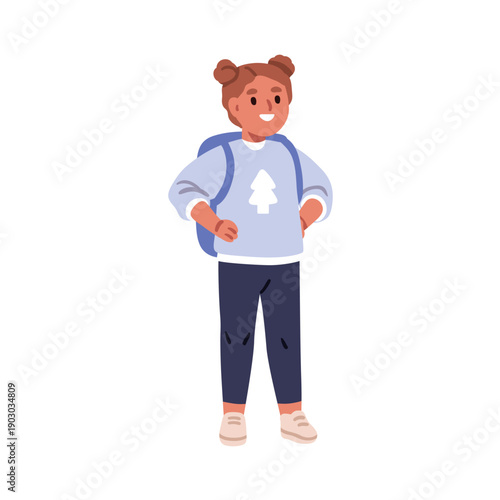 Girl kid with backpack, schoolbag. Happy smiling schoolgirl standing with school bag, joyful emotion, positive expression, casual outfit. Flat vector illustration isolated on white background