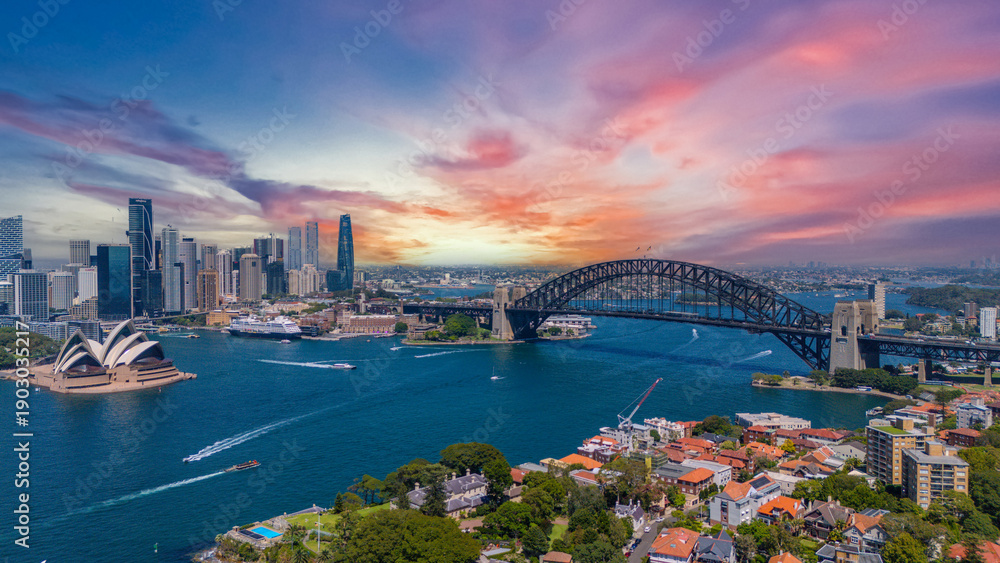 Fototapeta premium 5 February 2026 Aerial View of Sydney Harbour Circular Quay cruise Liner on a nice Summer day beautiful Sky in Sydney NSW Australia