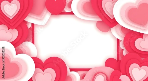 Valentine's day background with a multitude of pink and red paper cut hearts in various sizes framing a rectangular white copy space