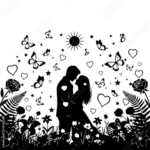 Couple embracing surrounded by hearts, butterflies, flowers in garden scene from side view