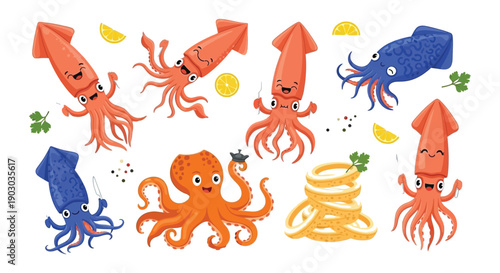 Cartoon squids and octopus with lemon slices and seaweed elements