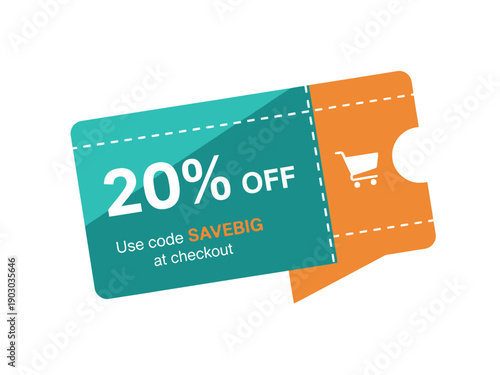 Discount offer illustration featuring a torn ticket with shopping cart and promo code