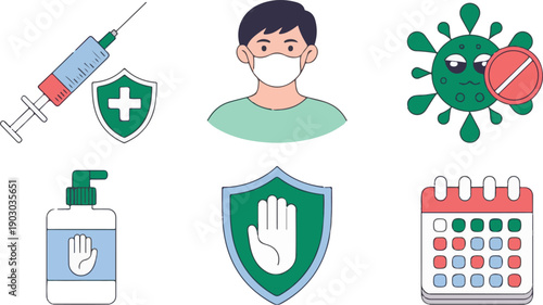 Medical care vector icons: syringe, masked person, virus, sanitizer, shield, calendar, and protection. Isolated  white background