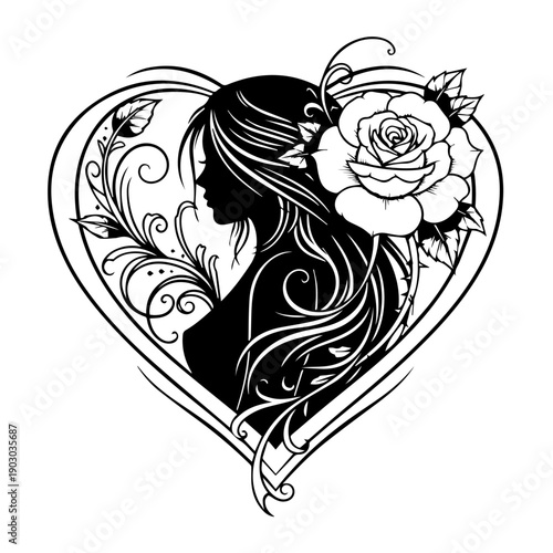 Silhouette of a woman surrounded by floral heart shape illustration