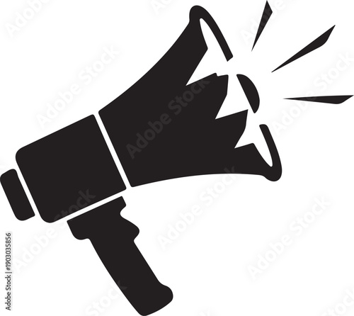 A black and white illustration of a megaphone with sound waves emanating from it. Vector