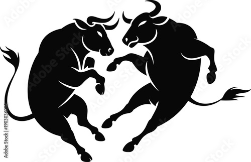 Black bull silhouette illustration of two fighting bulls in dynamic circular composition isolated on white background vector design symbolizing strength power rivalry