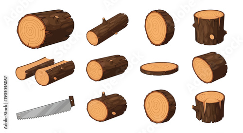 Assorted wood logs sections and a handsaw on a white background