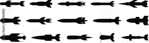 Black bomb and missile silhouette set showing various military weapon shapes isolated on white background vector illustration for defense infographic and graphic design use