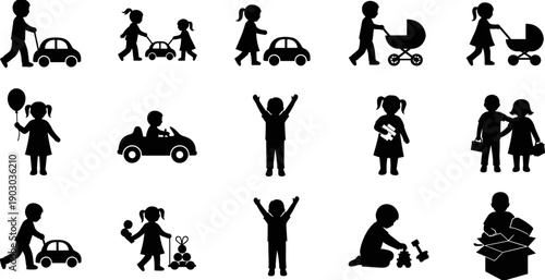 Vector silhouette set of young children playing with toys including cars and strollers and happy kids cheering isolated on white background
