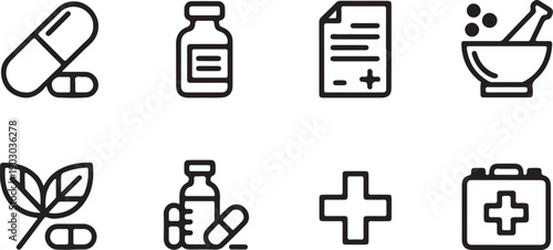 Medical and pharmacy vector icons: pills, bottle, document, mortar and pestle, cross, and medicine. Isolated  white background