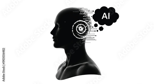 Silhouette of a human head with digital data flowing and AI thought bubble, representing artificial intelligence and innovation.