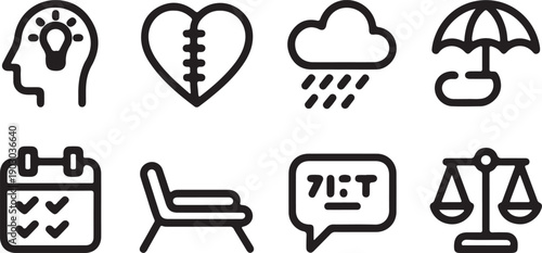 Mental health vector icons: brain, sad heart, rain, umbrella, calendar, and bed, representing emotional states. Isolated  white background