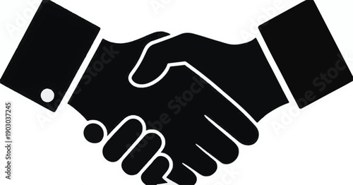 Black silhouette of two hands shaking in agreement on a white background handshake business
