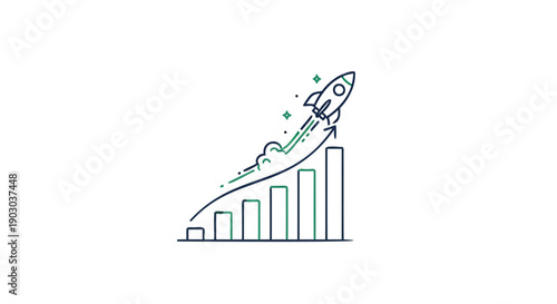 Vector line art rocket ship launching from bar chart graph, success and growth concept, for business or marketing presentation, Isolated on transparent background, png