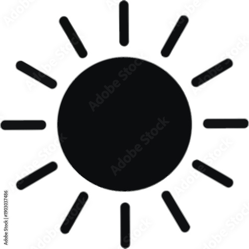 Black Sun Icon with Rays on White Background Keywords: sun, icon, symbol, weather, heat, light, bright, solar, energy, summer