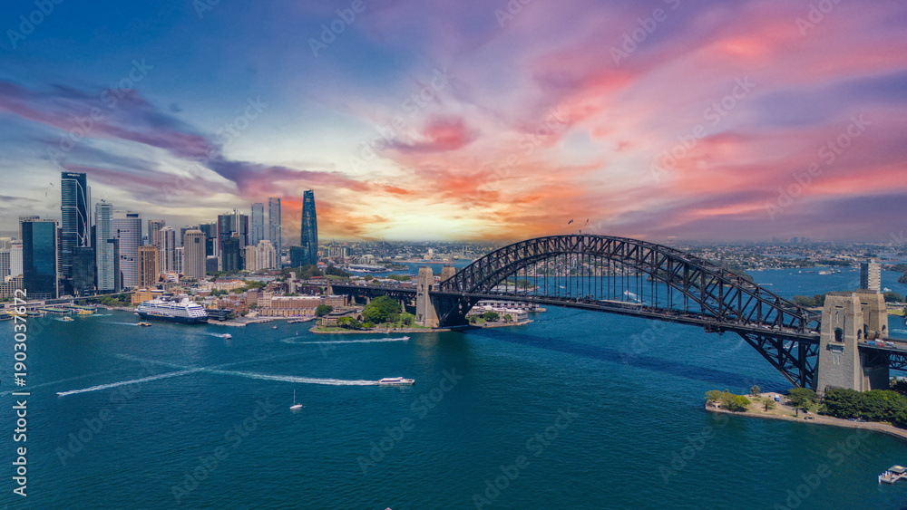 Obraz premium 5 February 2026 Aerial View of Sydney Harbour Circular Quay cruise Liner on a nice Summer day beautiful Sky in Sydney NSW Australia