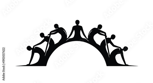 Diverse group forms supportive arch, symbolizing unity and collective strength.