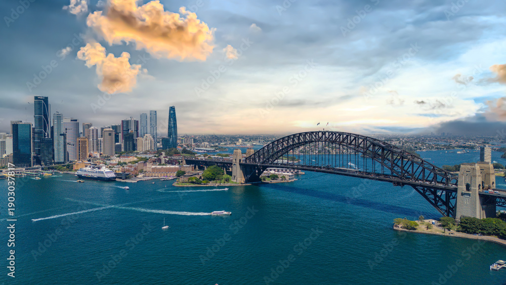 Obraz premium 5 February 2026 Aerial View of Sydney Harbour Circular Quay cruise Liner on a nice Summer day beautiful Sky in Sydney NSW Australia