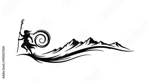 Mystical figure with staff embraces windy mountain landscape in graphic style.