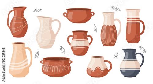 Collection of colorful ceramic vases and jugs in various shapes